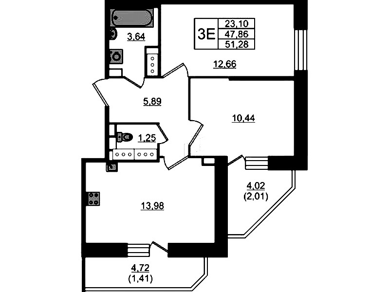 2-комнатная квартира 51.28 м², 22/23 эт., ЖК «Живи! В Рыбацком»